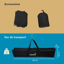 Zwei schwarze Taschen sind abgebildet: eine Netz- und eine Tragetasche. Darunter eine Transporttasche von Skandika, Maße und Gewicht angegeben.
