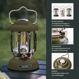 Retro-Design-Lampe in Olivgrün mit transparentem Glas und Metallteilen. Vorne ein Drehknopf und ein Henkel zum Tragen.