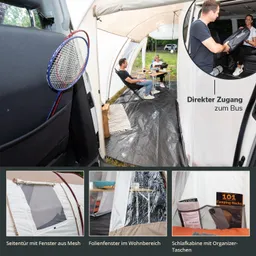 Zelt mit direktem Zugang zu einem Bus, Innenansicht mit zwei Personen, Tisch und Stühlen. Bildausschnitte zeigen Fenster und Organizers.