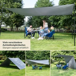 Tisch mit Stühlen unter einem grauen Sonnensegel im Freien. Personen sitzen und interagieren. Grafiken zeigen verschiedene Aufstellmöglichkeiten.