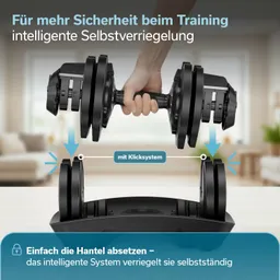 Eine Hand hält eine verstellbare Hantel, neben der eine Basis mit Klicksystem zu sehen ist. Hintergrund in einem Raum.