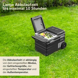 Kühlbox mit offenem Deckel, gefüllt mit Getränken und Obst, steht auf grünem Gras. Text zu Akkulaufzeit im Hintergrund.