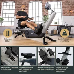Rudergerät mit verstellbarem Widerstand, ergonomischem Sitz und rutschfesten Pedalen in einem modern gestalteten Raum.