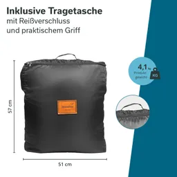 Schwarze Tragetasche mit Reißverschluss, Maße: 57 cm x 51 cm, Produktgewicht: 4,1 kg, mit praktischen Griff. Markenlabel sichtbar.
