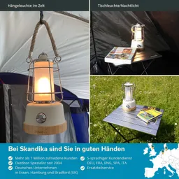 Hängelampe im Zelt und Tischleuchte auf einem Tisch im Freien. Bücher liegen daneben. Hintergrund in grau und grün.