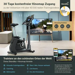 Ein stationäres Fahrrad steht im Vordergrund, daneben ein großer Fernseher, auf dem ein Radfahrer in einer Landschaft zu sehen ist. Darunter Informationen über Kinomap-Zugang und Vorteile des Trainings.