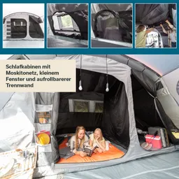 Zeltinnenraum mit zwei Personen auf einer Matratze, die lesen. Sichtbare Schlafkabinen, Moskitonetz und Fenster.