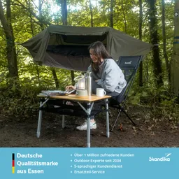 Eine Person sitzt an einem Tisch im Wald, ein Zelt ist im Hintergrund sichtbar. Auf dem Tisch stehen Bücher, eine Lampe und eine Tasse.