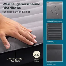 Graue, beflockte Oberfläche mit Hand oben drauf. Nebeninfos: wasserabweisende PVC-Beschichtung, stabiler Boden.