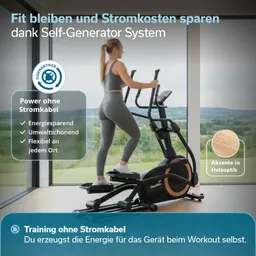 Frau trainiert auf einem Ellipsentrainer vor großen Fenstern mit Blick auf eine grüne Landschaft.