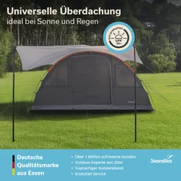 Zelt mit grauem Stoff und orangenem Akzent auf grünem Rasen, umgeben von Bäumen. Text informiert über Schutz bei Sonne und Regen.