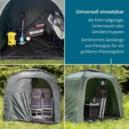 Grünes Zelt mit unterschiedlichen Perspektiven, Möbeln und Geräten im Inneren. Zubehör wie Gartenwerkzeuge sichtbar.