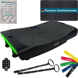 Vibrationsplatte mit Display, grüner Beleuchtung, zwei Widerstandsbändern in verschiedenen Farben und Bedienungsfernbedienung.