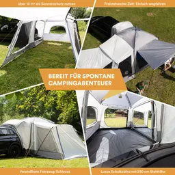 Vielseitiges Campingzelt mit separater Fahrzeugschleuse, großen Fenstern und großzügigem Innenraum auf Grünfläche.