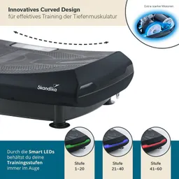 Schwarze Vibrationsplatte mit curved Design, ausgestattet mit LED-Anzeigen für Trainingsstufen, Label „Skandika“.