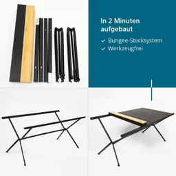 Tisch mit Holzplatte und schwarzem Gestell, zusammengeklappt und im Aufbaustadium. Teile und Aufbauanleitung in der oberen Hälfte.