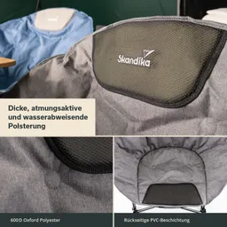 Sessel mit dicker, atmungsaktiver Polsterung aus 600D Oxford Polyester. Rückseite mit PVC-Beschichtung. Grafische Darstellung im Hintergrund.