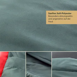 Grüner Stoff aus Soft-Polyester mit verschiedenen Detailansichten und Textinformationen über Atmungsaktivität und Hautfreundlichkeit.