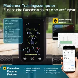 Ein moderner Trainingscomputer mit LCD-Anzeige zeigt verschiedene Trainingsdaten wie Zeit, Geschwindigkeit und Herzfrequenz. Neben dem Gerät ist ein Smartphone abgebildet, das eine App mit grafischen Trainingsdaten präsentiert.