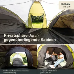 Zeltinnenraum mit zwei gegenüberliegenden Schlafkabinen, hellgrüner und schwarzer Farbgestaltung, im Hintergrund Wiese.
