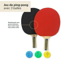 Tischtennis-Set mit zwei Schlägern, einem roten und einem schwarzen Belag, sowie drei Bällen in Blau, Grün und Weiß.