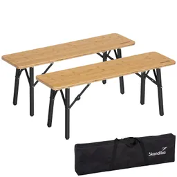 Zwei klappbare Tische mit Bambusplatten und schwarzen Metallgestellen, neben einer Tragetasche.