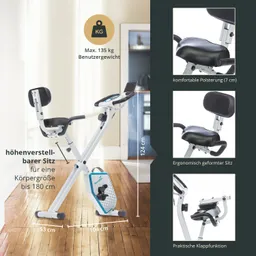 Faltbares Fitnessgerät mit ergonomisch geformtem, höhenverstellbarem Sitz und Polsterung. Maße: 124 cm hoch, 104 cm lang, 53 cm breit.