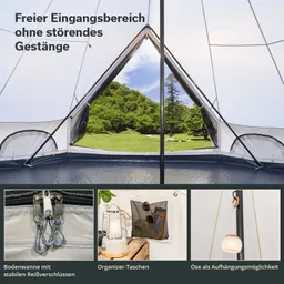 Zelt mit großem Eingang und sichtbarem Freiraum. Innen sind Organizer-Taschen, eine Lampe und Aufhängemöglichkeiten. Grüne Wiesenlandschaft im Hintergrund.