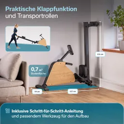 Das Bild zeigt ein Trainingsgerät mit Holz- und Metallelementen, das zusammenklappbar ist. Daneben ist eine Person abgebildet, die das Gerät zieht. Die Maße und eine Erklärung zur Nutzfläche sind ebenfalls sichtbar.