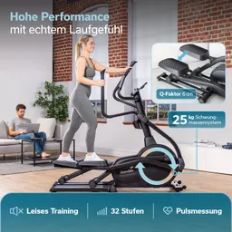 Eine Person nutzt ein Ellipsentrainer in einem modernen Raum. Im Hintergrund sitzt eine Person auf einem Sofa und arbeitet am Laptop.