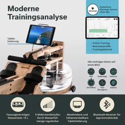 Wasser-Rudergerät aus Holz mit Tablet-Halterung. Integrierte Anzeige zeigt Trainingsdaten wie Zeit, Ruderzüge und Kalorien.