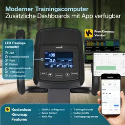 Modernen Trainingscomputer mit LED-Display. Anzeige von Zeit, Geschwindigkeit, Watt, Distanz, Kalorienverbrauch, Trittfrequenz, Herzfrequenz. App-Dashboards sichtbar.