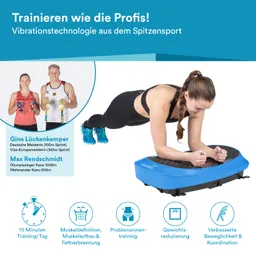 Person in Sportbekleidung macht einen Plank auf einem blauen Vibrationsgerät. Neben ihr stehen zwei Personen mit Medaillen.