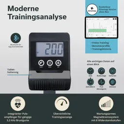 Display einer Trainingsanalyse mit digitaler Anzeige, Bluetooth-Symbol, Tablet-Halterung und Informationen zu Trainingsdaten.