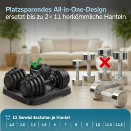 Verstellbare Hantel auf einer Ablage, umgeben von herkömmlichen Hanteln. Gewichtsangaben in kg sind sichtbar.
