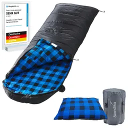 Schlafsack in Schwarz mit blau-schwarz kariertem Innenfutter, abgebildet mit Kissen und verpacktem Sack. Auszeichnung sichtbar.