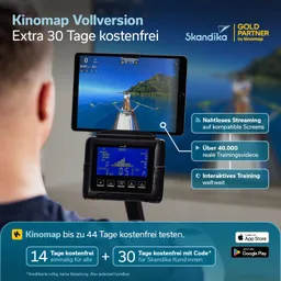Tablet mit einem Ruderboot-Segment auf dem Bildschirm, darunter ein Fitnessgerät mit digitalem Display. Textinformationen zu Kinomap-Angeboten.