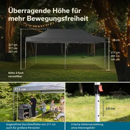 Ein graues Partyzelt auf einer Wiese mit Höhenangaben. In einem Bereich stehen mehrere Personen um einen Tisch mit Essen und Getränken. Ein Grill sieht man ebenfalls. Ein entsprechendes Bild zeigt eine Höhenverstellung ohne Klemmgefahr.
