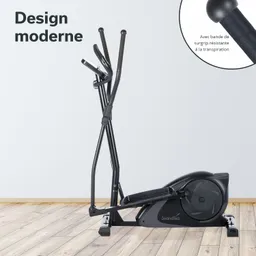 Ellipsentrainer in modernem Design auf einem Holzboden, mit grauer Wand im Hintergrund.