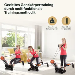 Zwei Personen in roter Sportbekleidung trainieren auf einem Multifunktionsgerät in einem hellen Raum. Große Fenster bieten natürlichen Lichtzugang.