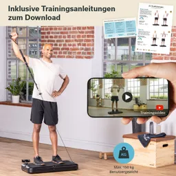 Person steht auf einem Trainingsgerät mit Widerstandsbändern. Im Hintergrund sind Fenster und Pflanzen zu sehen. Smartphone zeigt Trainingsvideo.