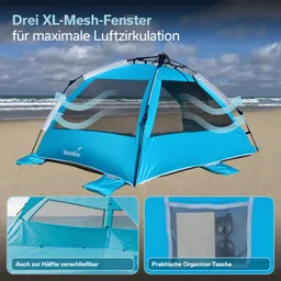 Ein türkisfarbenes Outdoor-Zelt steht auf einem Sandboden. Es misst 235 cm in der Breite, 155 cm in der Tiefe und 105 cm in der Höhe.
