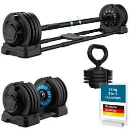 Hantelset mit verstellbaren Gewichten und einer Gesamtgewichtskapazität von 24 kg. Schwarz mit blauen Details.