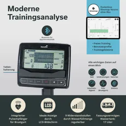 Trainingsgerät mit LCD-Bildschirm, Bluetooth, Puls- und Trainingsdaten. Zubehör: Tablet-Halterung, 9 Widerstandsstufen.