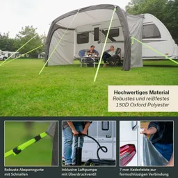 Überdachung aus grauem Material mit grünen Abspannleinen. Zwei Personen sitzen auf Stühlen davor. Wohnmobil im Hintergrund.