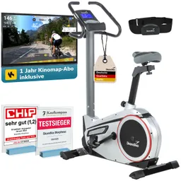 Ergometer mit Bildschirm, Trainingskomfort, Herzfrequenzüberwachung, Auszeichnungssiegel und Zubehör.