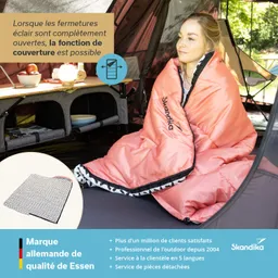 Eine Person sitzt in einem Zelt, eingewickelt in einen orangen Schlafsack. Im Hintergrund sind ein Tisch mit Obst und eine Lampe sichtbar.