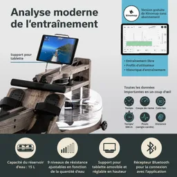 Wassertretgerät mit Tablet-Halter, Wasserbehälter, Rudergriffen und Einstellmöglichkeiten für Widerstand. Grafiken und Textinformationen.