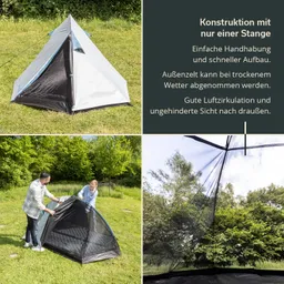 Ein Zelt steht auf einer Wiese. Es hat eine graue und schwarze Außenhülle. Unten sieht man zwei Personen, die das Zelt aufbauen. In einer oberen Ecke ist die Innenseite des Zeltes zu sehen, die eine klare Sicht nach außen zeigt.
