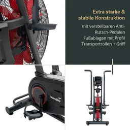 Luftzirkulationsgerät mit einem großen Ventilator, verstellbaren Pedalen und robustem Gestell. Fußablagen und Transportrollen sind sichtbar.